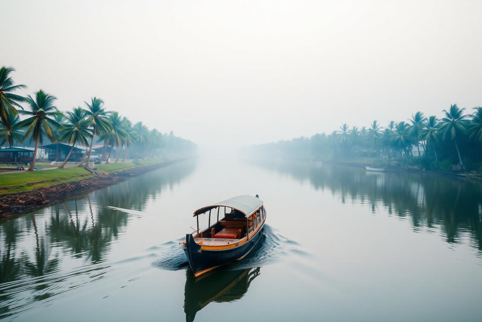 Houseboat on the Kerala backwaters at dawn