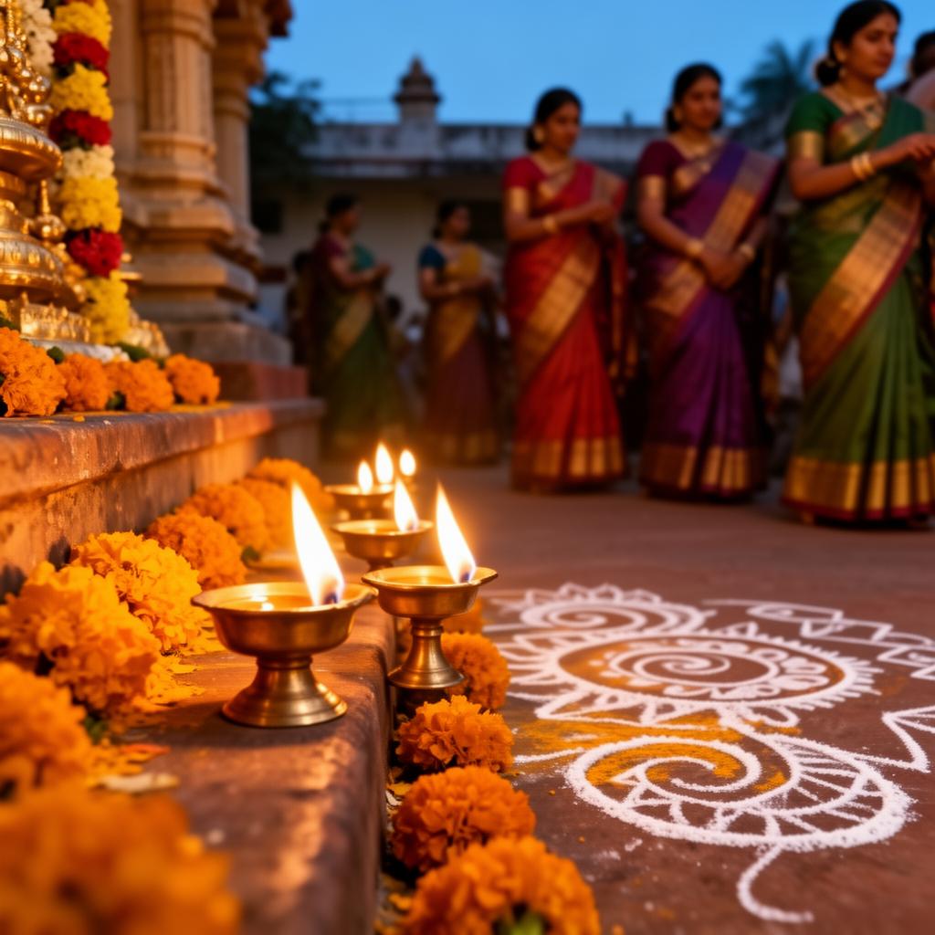 Navaratri celebration with marigold flowers and oil lamps