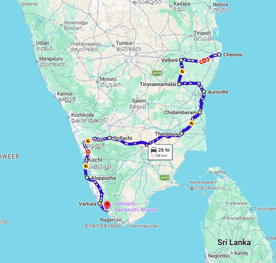 South India detailed journey route map