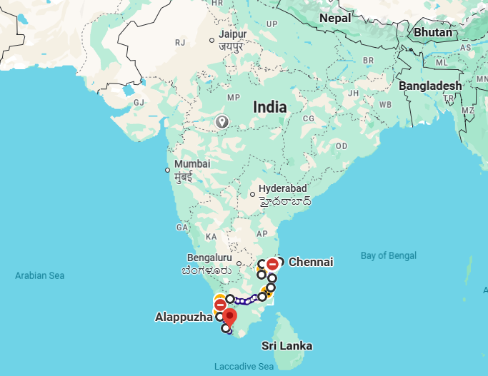 South India journey route — overview map