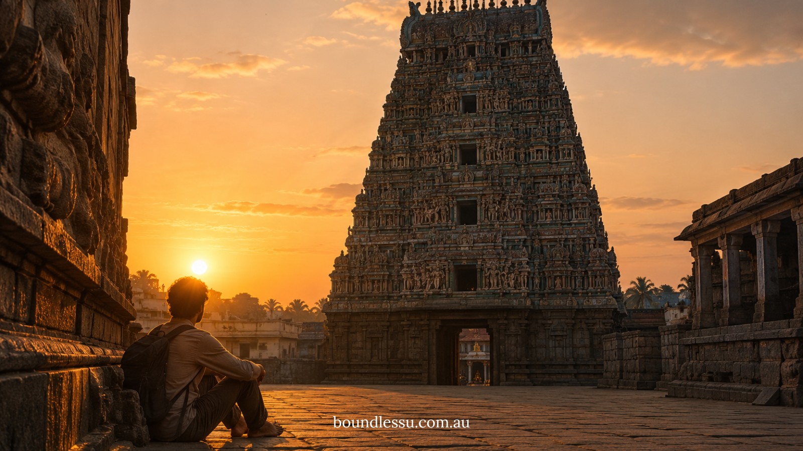 A traveler sitting alone at the base of a Dravidian temple gopuram at sunrise, before the crowds arrive.